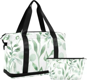 Watercolor Green Leaves Versatile Sports Travel Bag - Lasting Twill Tote, Removable Wheel & Rod Bagging, Multi-pocket Design, Complimentary Makeup Bag