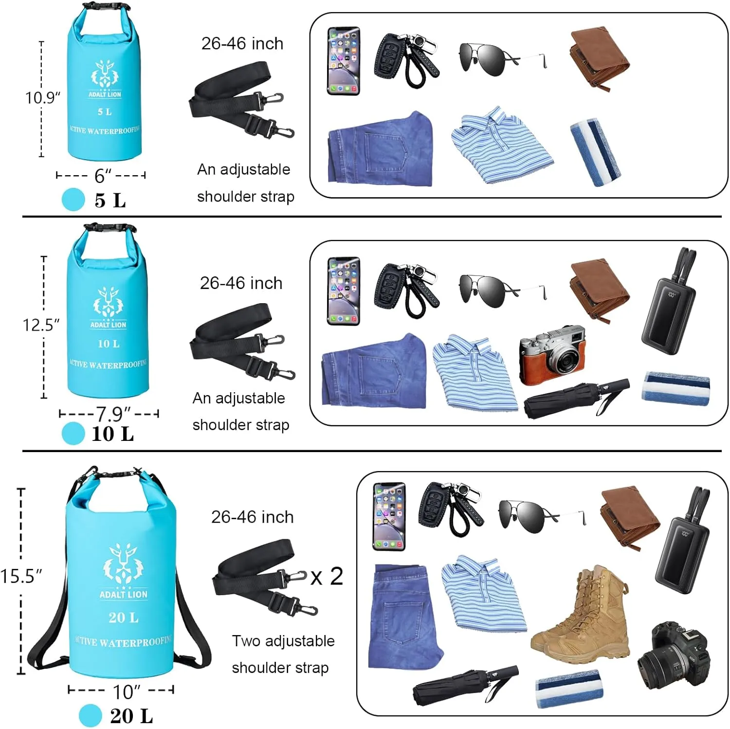 Waterproof Dry Bag 5L/10L/20L - Roll Top Waterproof Backpack for Swimming, Kayaking, Hiking, Floating - Boating Bag with Double Zipper Seal & Adjustable Shoulder Strap (Light Blue, 20 L)