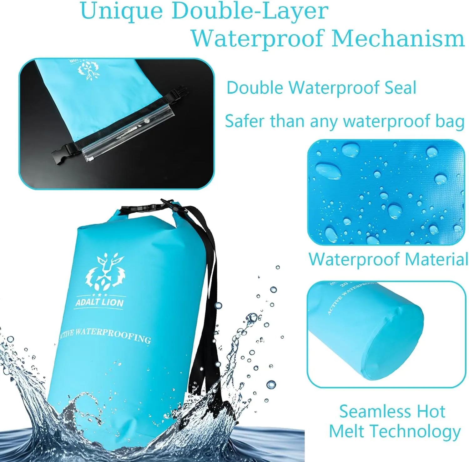 Waterproof Dry Bag 5L/10L/20L - Roll Top Waterproof Backpack for Swimming, Kayaking, Hiking, Floating - Boating Bag with Double Zipper Seal & Adjustable Shoulder Strap (Light Blue, 20 L)