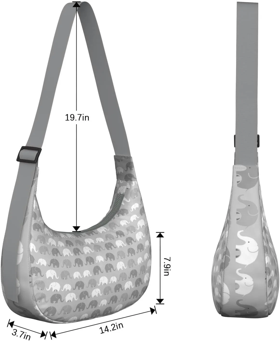 Waterproof Nylon Crescent Sling Crossbody Bag Casual Boho Elephant Shoulder Bag with Adjustable Strap for Work Travel