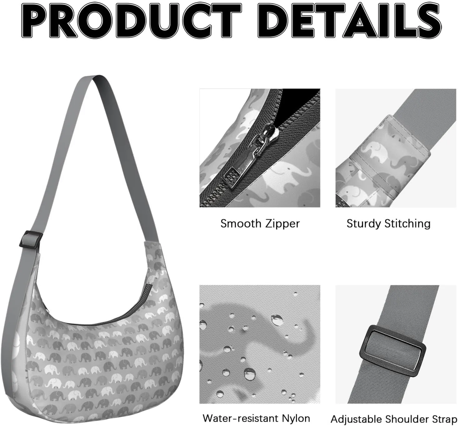 Waterproof Nylon Crescent Sling Crossbody Bag Casual Boho Elephant Shoulder Bag with Adjustable Strap for Work Travel