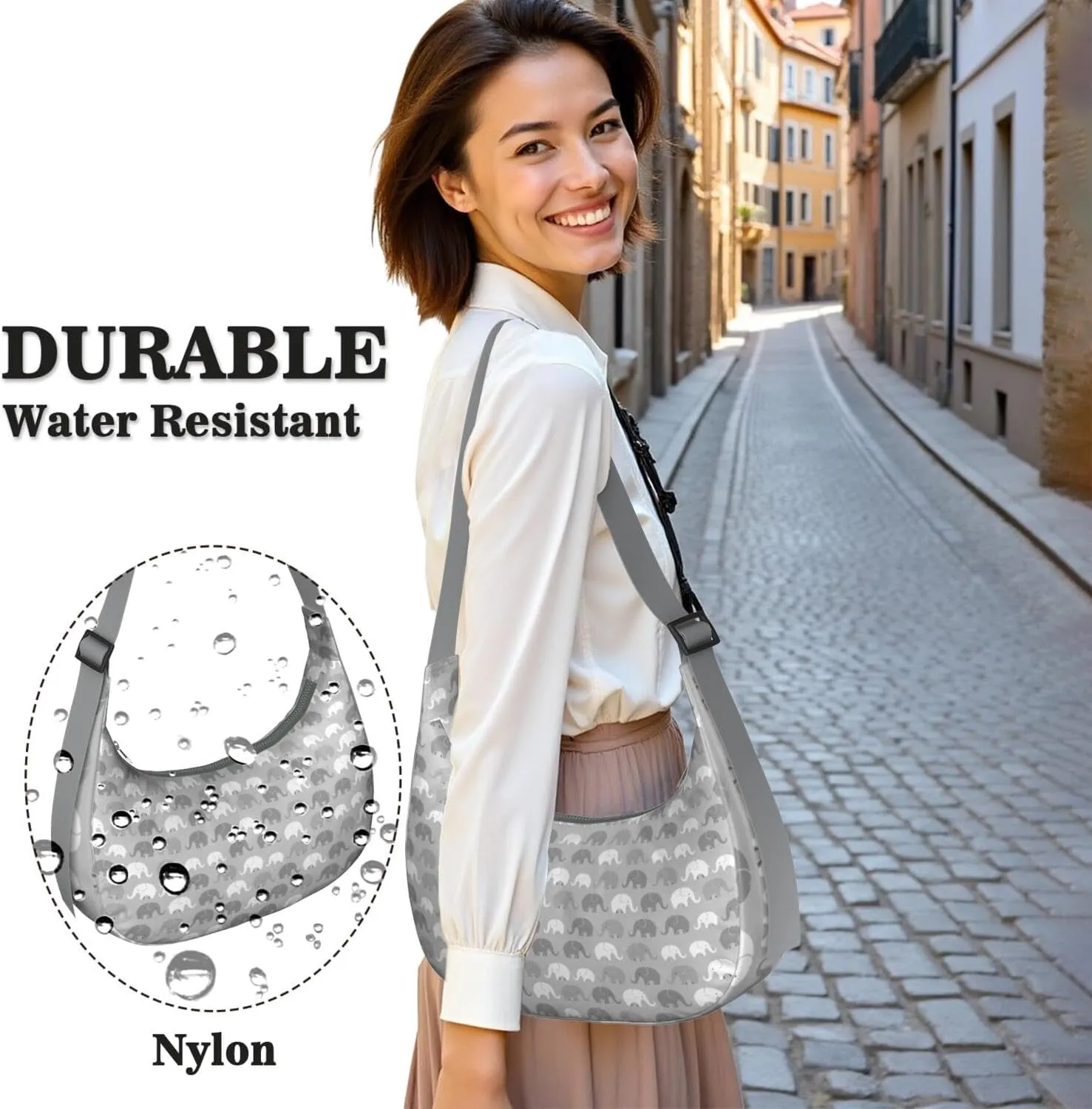 Waterproof Nylon Crescent Sling Crossbody Bag Casual Boho Elephant Shoulder Bag with Adjustable Strap for Work Travel
