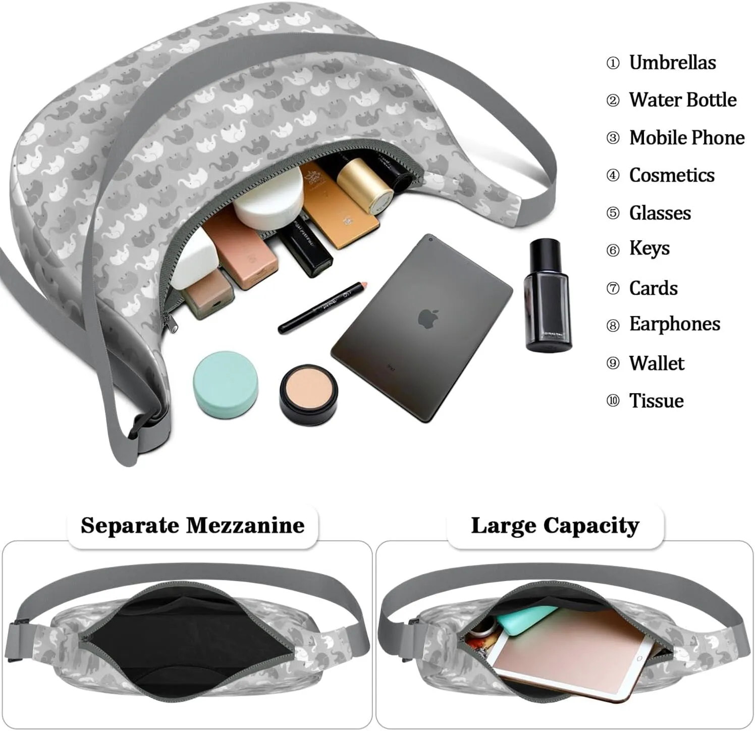 Waterproof Nylon Crescent Sling Crossbody Bag Casual Boho Elephant Shoulder Bag with Adjustable Strap for Work Travel