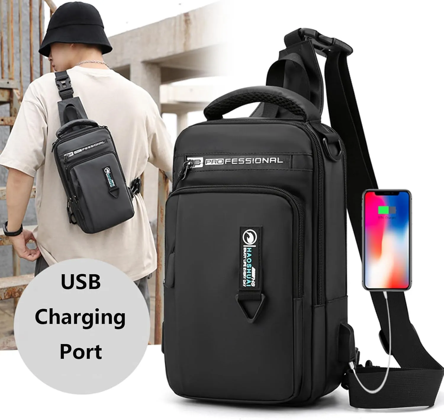 Waterproof Sling Bag for Men and Women,Chest Bag Shoulder Backpack Crossbody Backpack Hiking Daypack Travel Backpack Messenger Bag(Black)