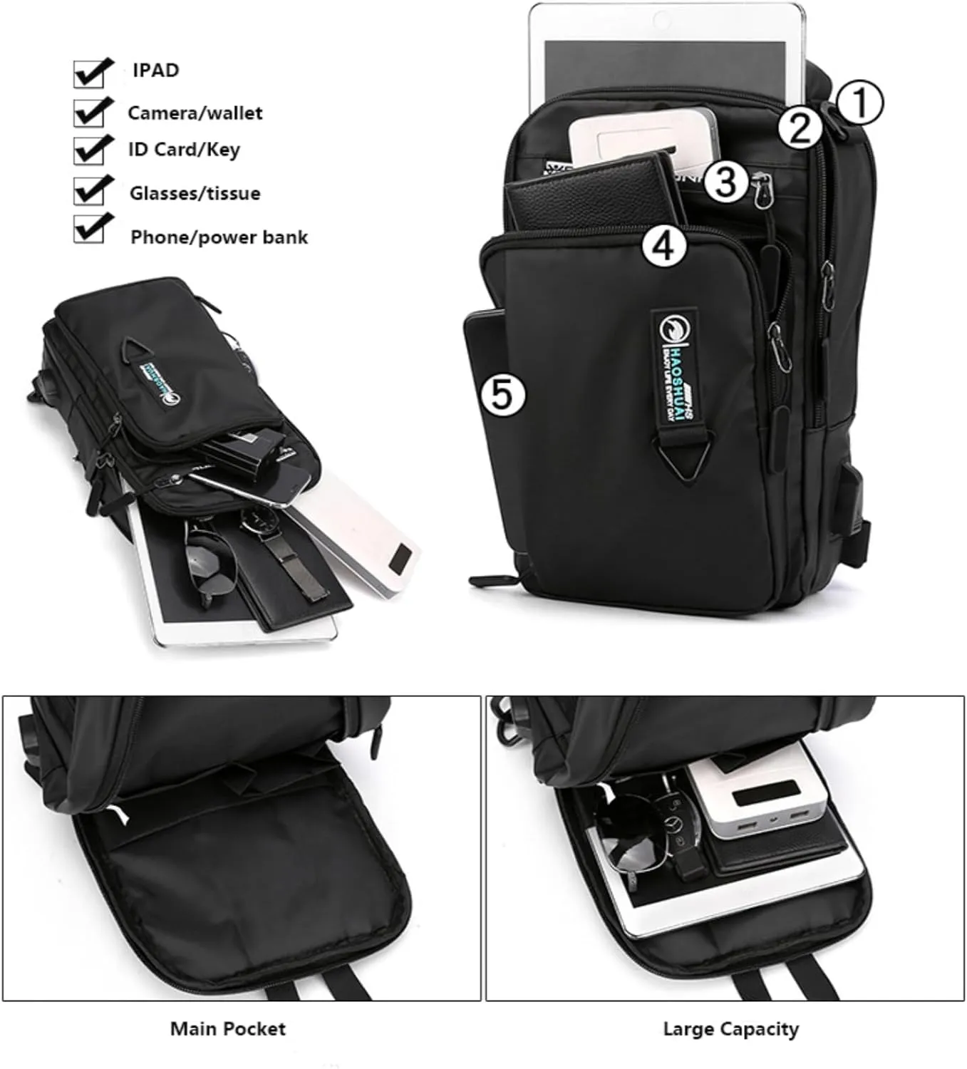 Waterproof Sling Bag for Men and Women,Chest Bag Shoulder Backpack Crossbody Backpack Hiking Daypack Travel Backpack Messenger Bag(Black)
