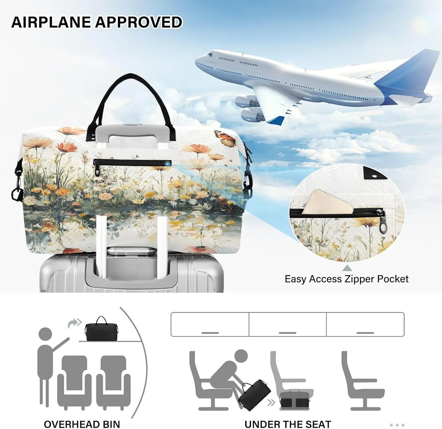 Weekender Bags Travel Duffel Gym Bag Cute Bear Seamless Pattern Carry on Overnight Tote Bag with Toiletry Bag for Airplane Travel Trip Gym Yoga (Beautiful Butterflies Flowers)