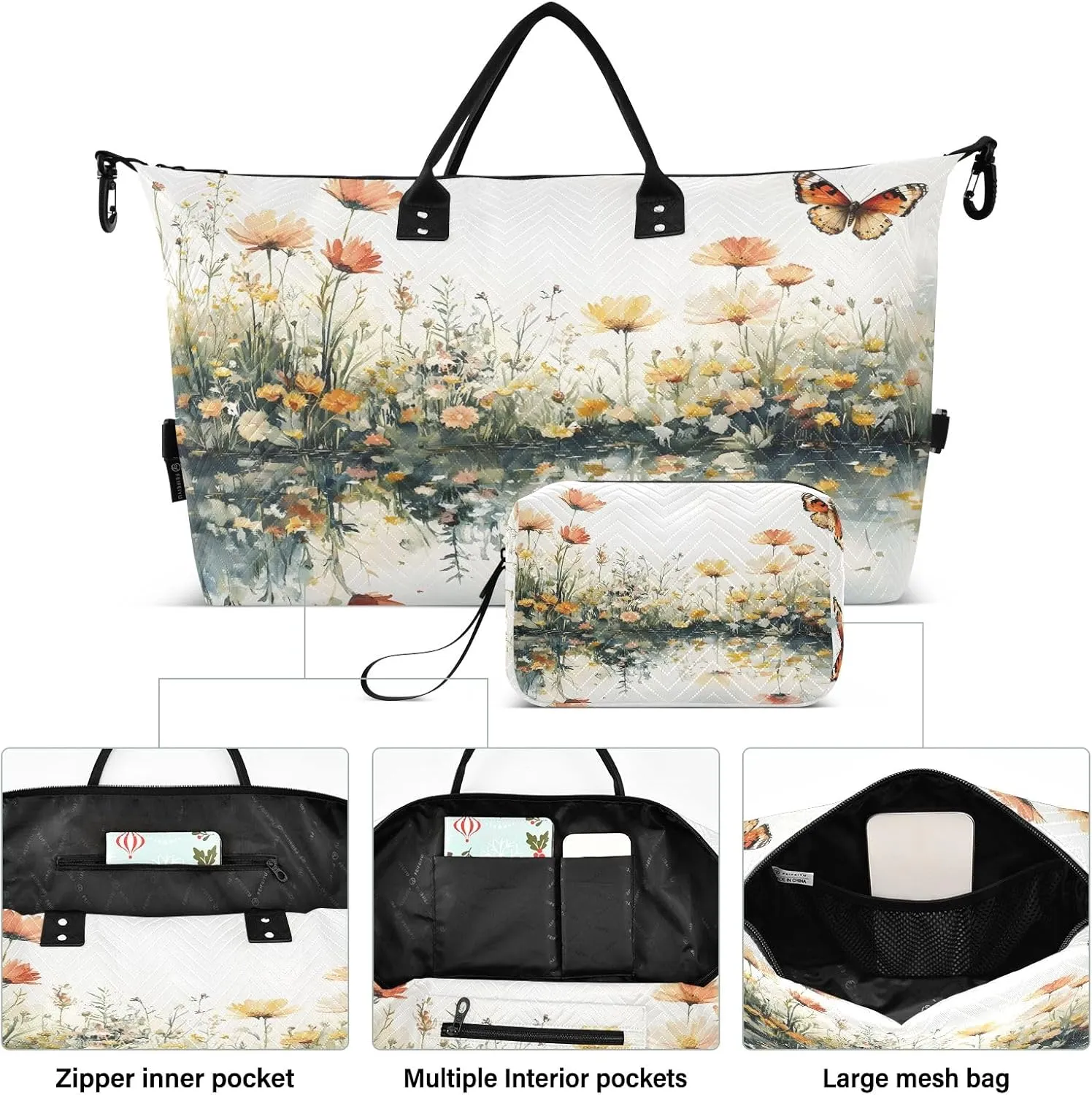 Weekender Bags Travel Duffel Gym Bag Cute Bear Seamless Pattern Carry on Overnight Tote Bag with Toiletry Bag for Airplane Travel Trip Gym Yoga (Beautiful Butterflies Flowers)