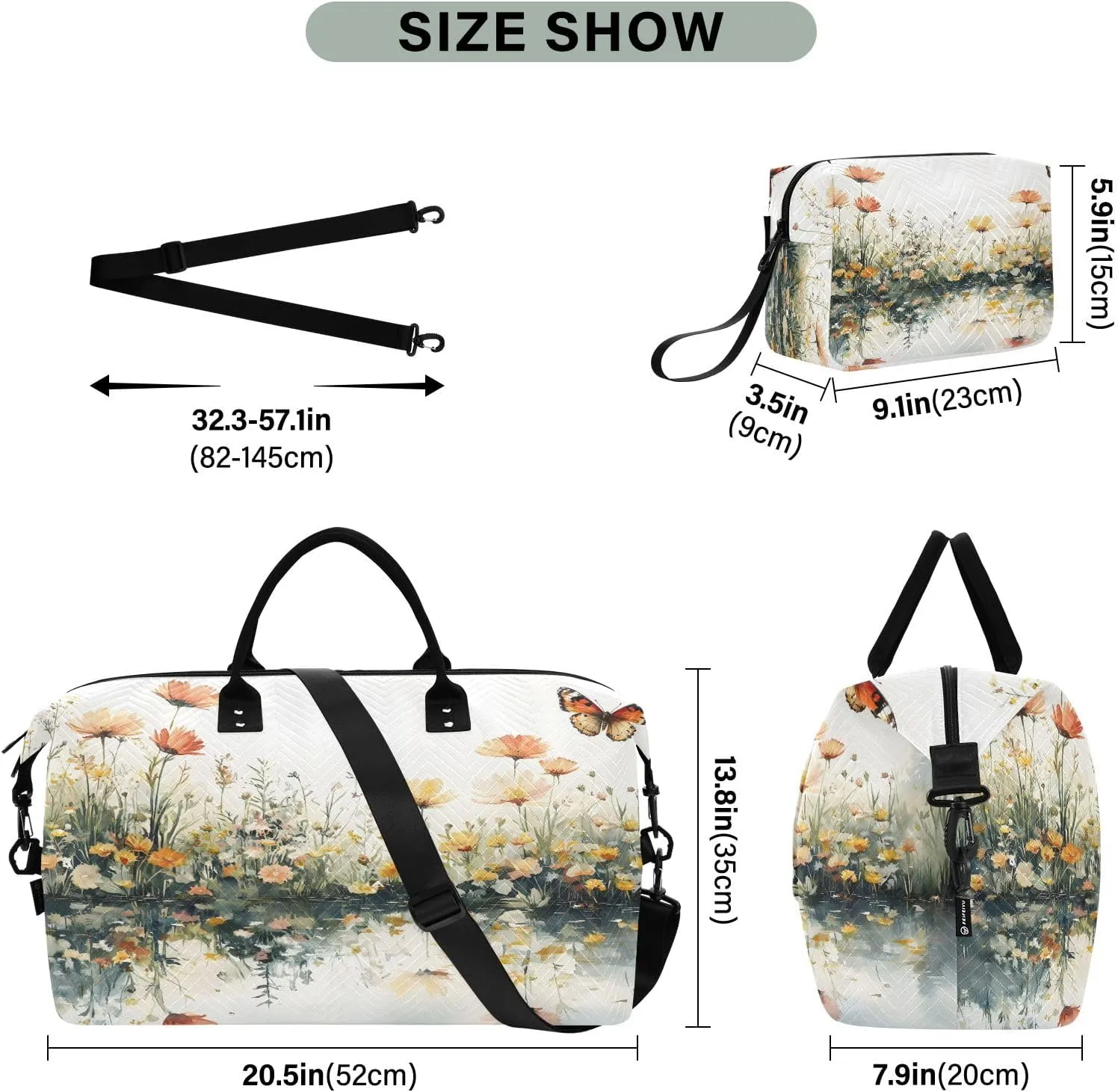 Weekender Bags Travel Duffel Gym Bag Cute Bear Seamless Pattern Carry on Overnight Tote Bag with Toiletry Bag for Airplane Travel Trip Gym Yoga (Beautiful Butterflies Flowers)