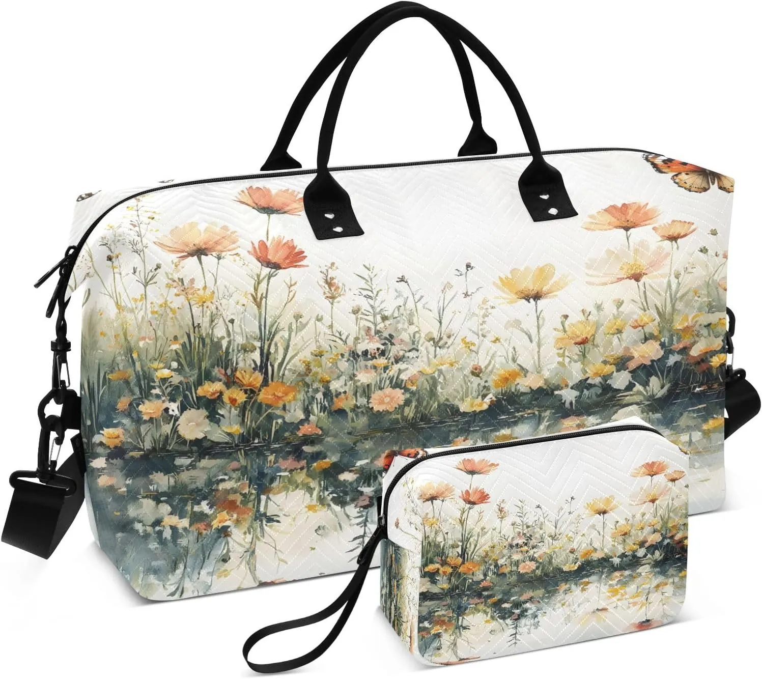 Weekender Bags Travel Duffel Gym Bag Cute Bear Seamless Pattern Carry on Overnight Tote Bag with Toiletry Bag for Airplane Travel Trip Gym Yoga (Beautiful Butterflies Flowers)