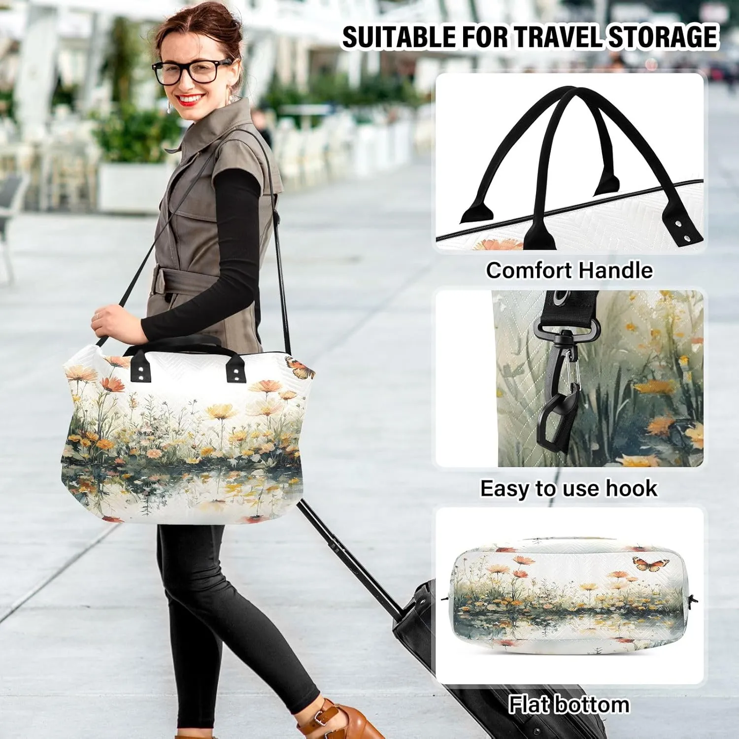 Weekender Bags Travel Duffel Gym Bag Cute Bear Seamless Pattern Carry on Overnight Tote Bag with Toiletry Bag for Airplane Travel Trip Gym Yoga (Beautiful Butterflies Flowers)