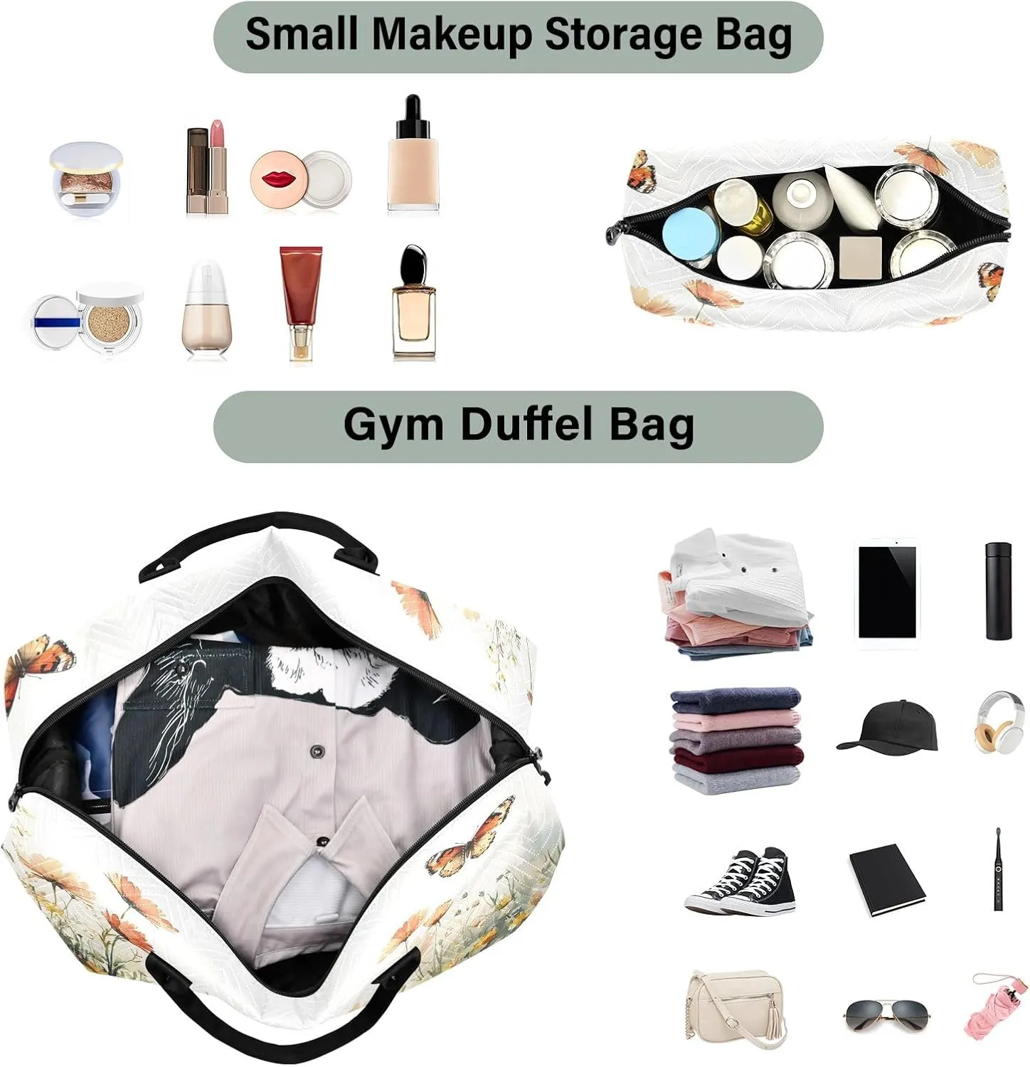 Weekender Bags Travel Duffel Gym Bag Cute Bear Seamless Pattern Carry on Overnight Tote Bag with Toiletry Bag for Airplane Travel Trip Gym Yoga (Beautiful Butterflies Flowers)