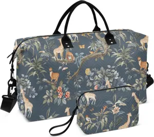 Weekender Bags Travel Duffel Gym Bag Wall Paper Pattern Of Jungle Animals on A Dark Blue Color Carry on Overnight Tote Bag with Toiletry Bag for Airplane Travel Trip Gym Yoga