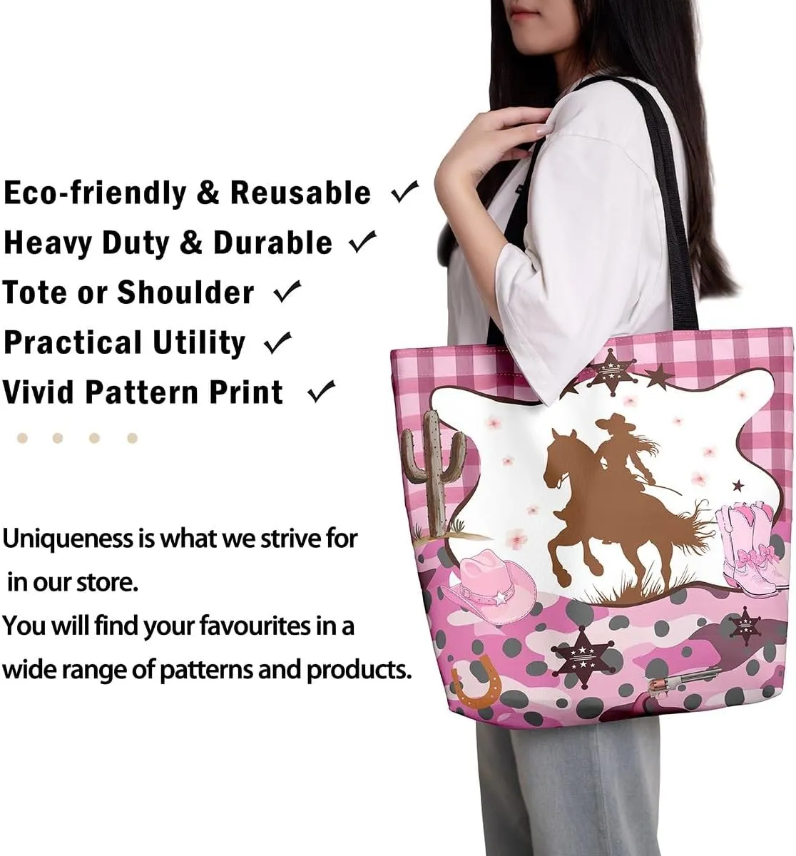 Western Canvas Tote Bag,Cowhide Duffle Bag,Geometry Aztec Cow Print Farm Animals Handbag