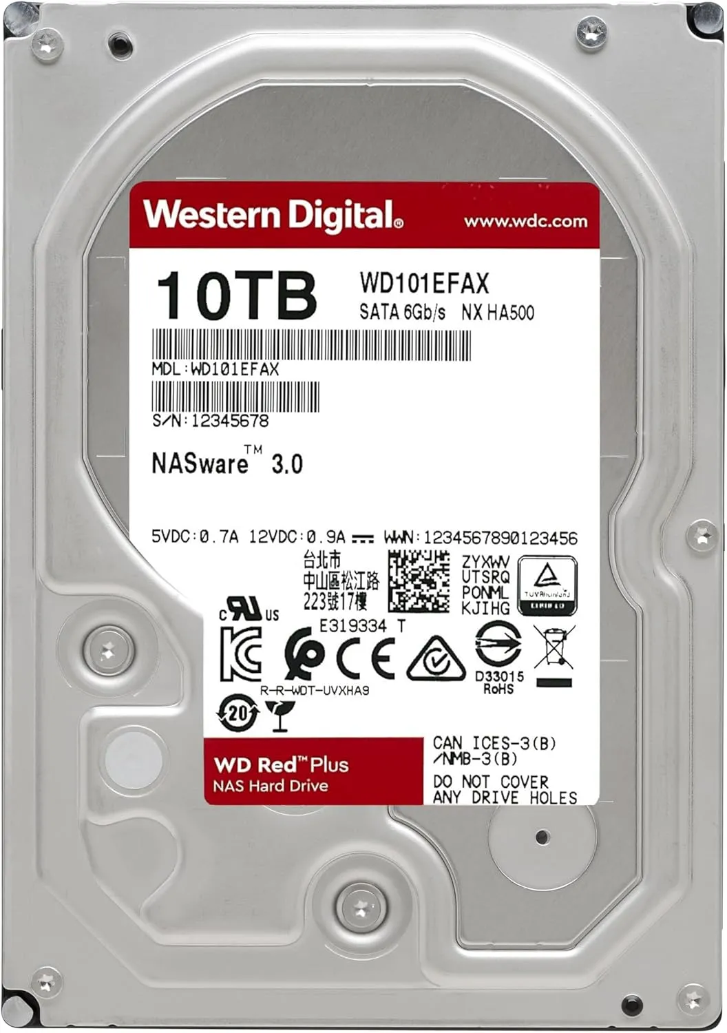 Western Digital 10TB WD Red Plus NAS Internal Hard Drive HDD - 5400 RPM, SATA 6 Gb/s, CMR, 256 MB Cache, 3.5" - WD101EFAX