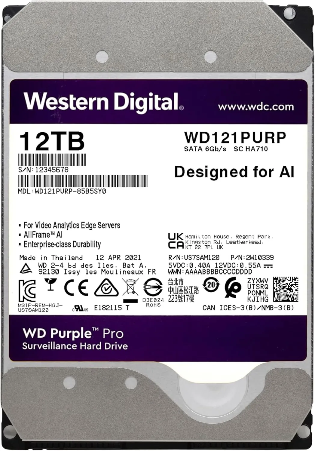 Western Digital 12TB WD Purple Pro Surveillance Internal Hard Drive HDD - SATA 6 Gb/s, 256 MB Cache, 3.5" - WD121PURP
