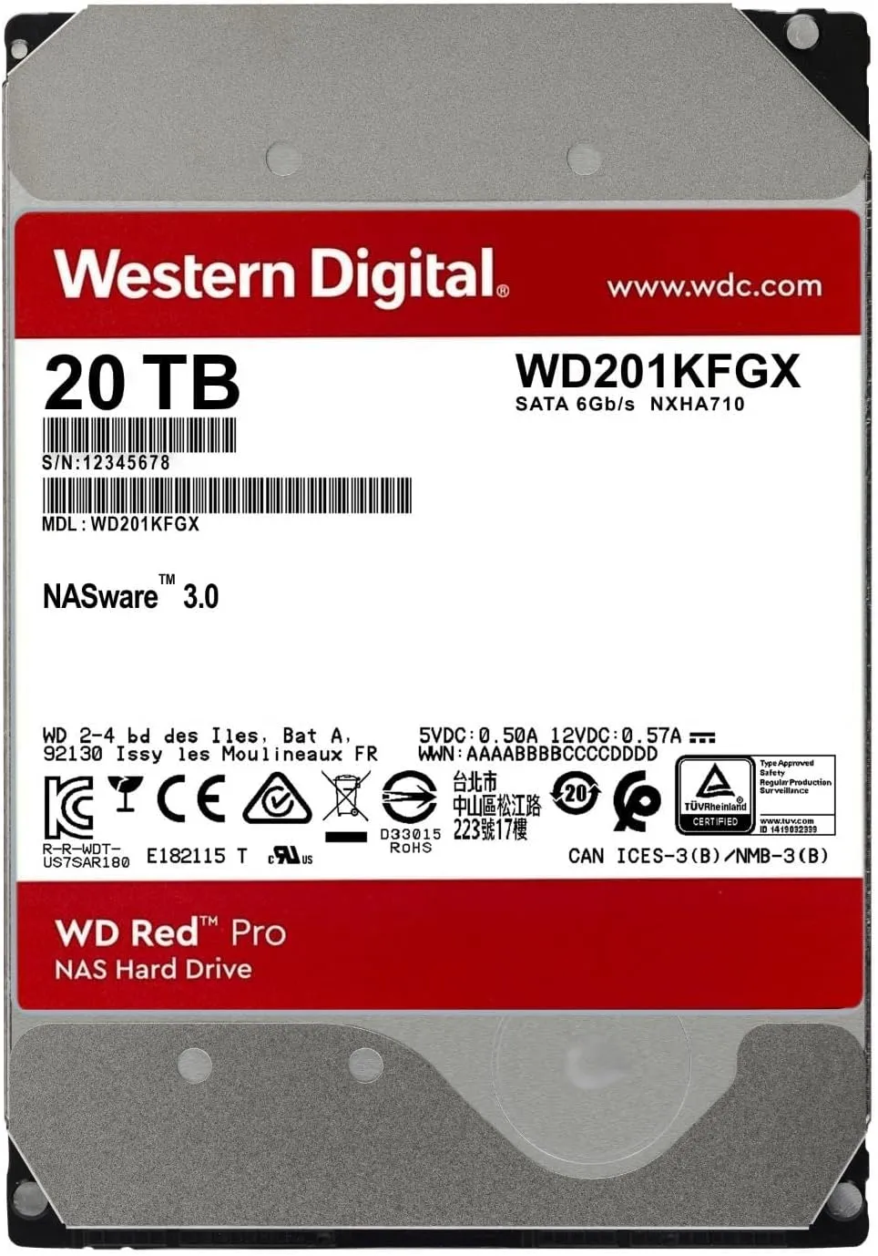 Western Digital 20TB WD Red Pro NAS Internal Hard Drive HDD - 7200 RPM, SATA 6 Gb/s, CMR, 512 MB Cache, 3.5" - WD201KFGX