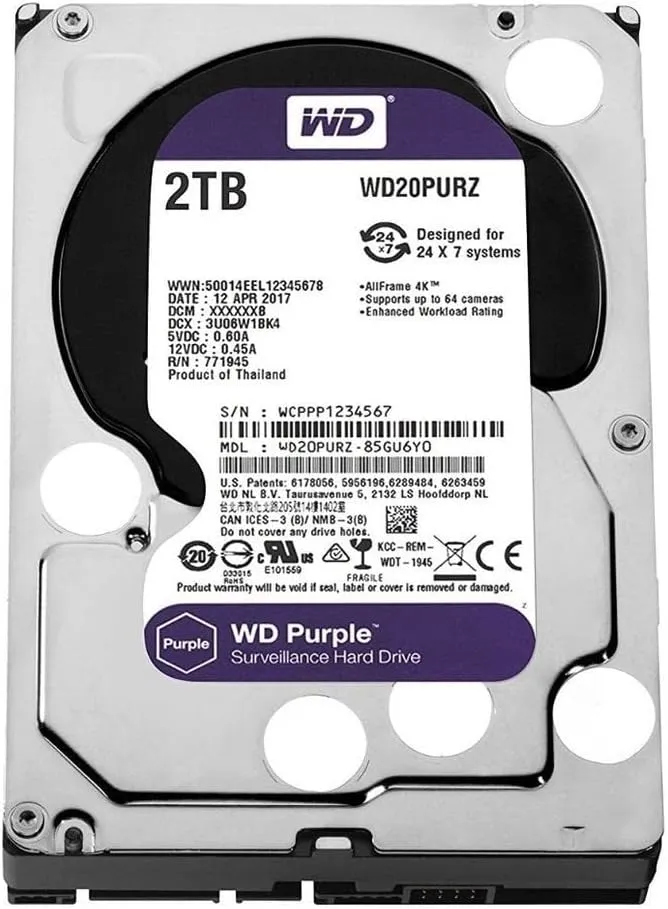 Western Digital 2TB WD Purple Surveillance Internal Hard Drive HDD - SATA 6 Gb/s, 64 MB Cache, 3.5" - WD20PURZ
