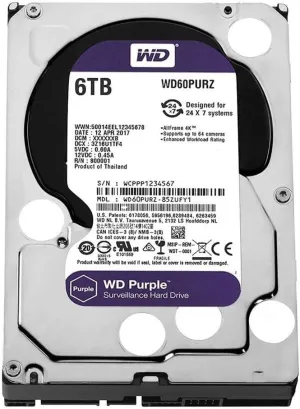 Western Digital 6TB WD Purple Surveillance Internal Hard Drive HDD - SATA 6 Gb/s, 64 MB Cache, 3.5" - WD60PURZ