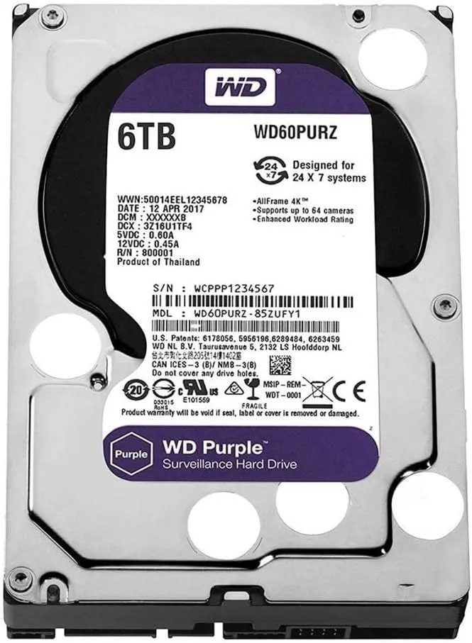 Western Digital 6TB WD Purple Surveillance Internal Hard Drive HDD - SATA 6 Gb/s, 64 MB Cache, 3.5" - WD60PURZ