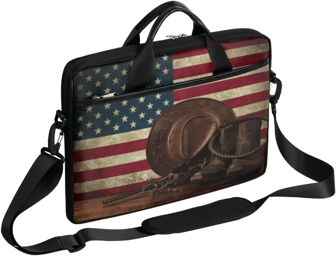 Western Laptop Shoulder Messenger Bag Case Sleeve for 14 Inch 15 Inch Laptop Case Rustic American Flag Laptop Briefcase 15.6 Inch Computer Bag
