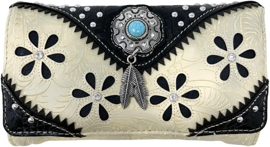 Western Native American Tooled Leather Wallet - Country Style Feather Trifold for Women - Beige