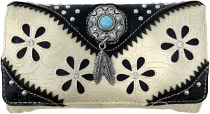 Western Native American Tooled Leather Wallet - Country Style Feather Trifold for Women - Beige