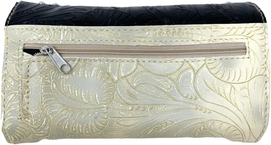 Western Native American Tooled Leather Wallet - Country Style Feather Trifold for Women - Beige