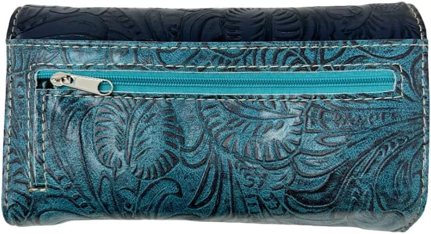 Western Native American Tooled Leather Wallet - Country Style Feather Trifold for Women - Turquoise