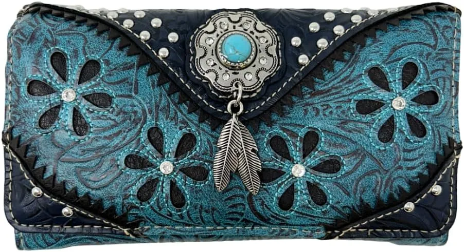 Western Native American Tooled Leather Wallet - Country Style Feather Trifold for Women - Turquoise