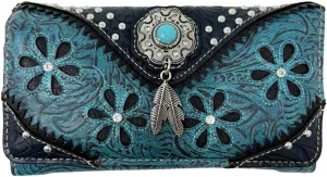 Western Native American Tooled Leather Wallet - Country Style Feather Trifold for Women - Turquoise