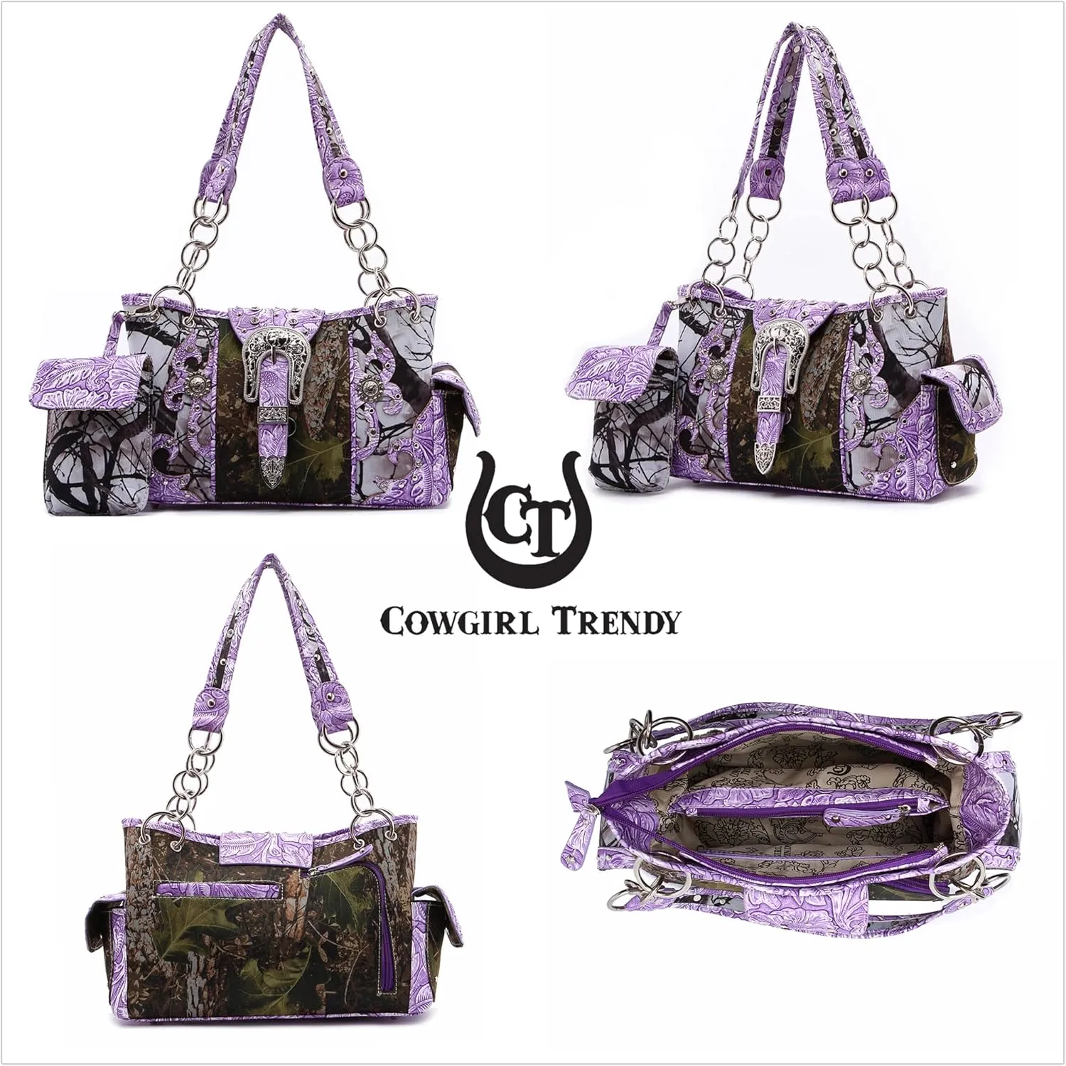 Western Style Camouflage Purse Concho Buckle Tooled Floral Country Studs Crossbody Women Handbag Shoulder Bag Wallet Set