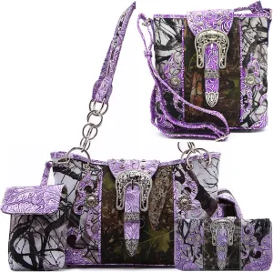 Western Style Camouflage Purse Concho Buckle Tooled Floral Country Studs Crossbody Women Handbag Shoulder Bag Wallet Set