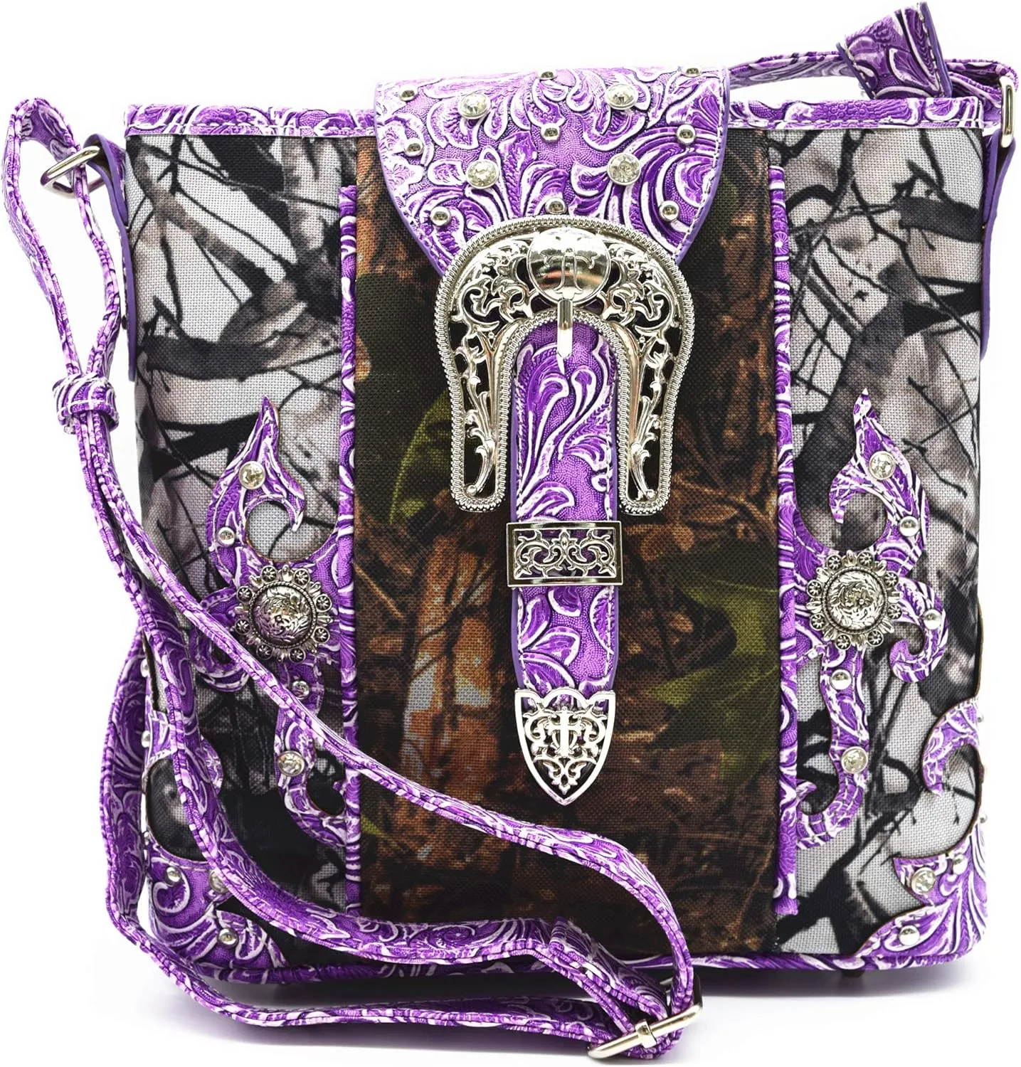 Western Style Camouflage Purse Concho Buckle Tooled Floral Country Studs Crossbody Women Handbag Shoulder Bag Wallet Set
