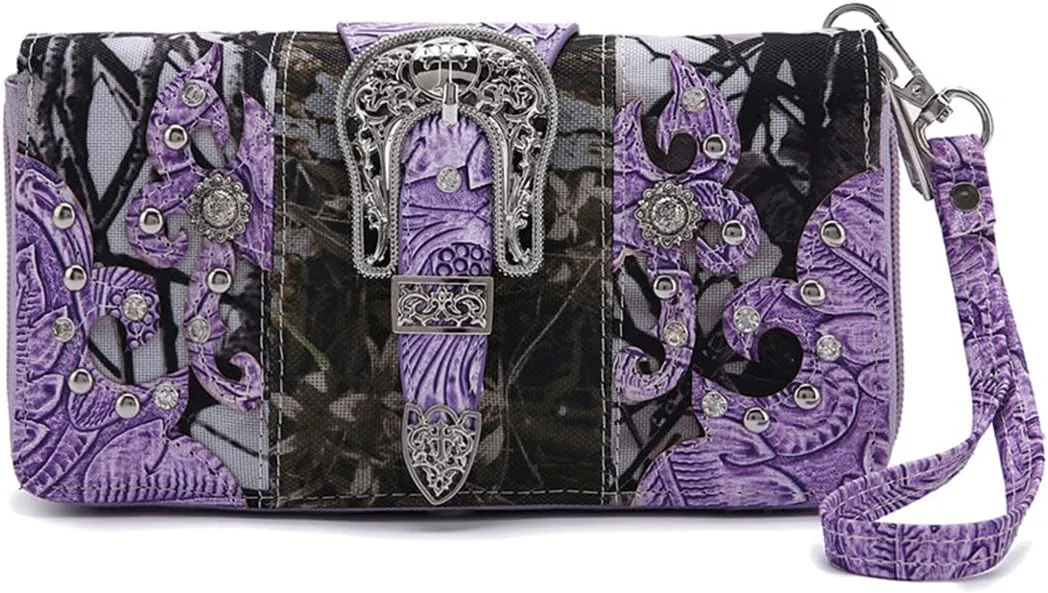 Western Style Camouflage Purse Concho Buckle Tooled Floral Country Studs Crossbody Women Handbag Shoulder Bag Wallet Set