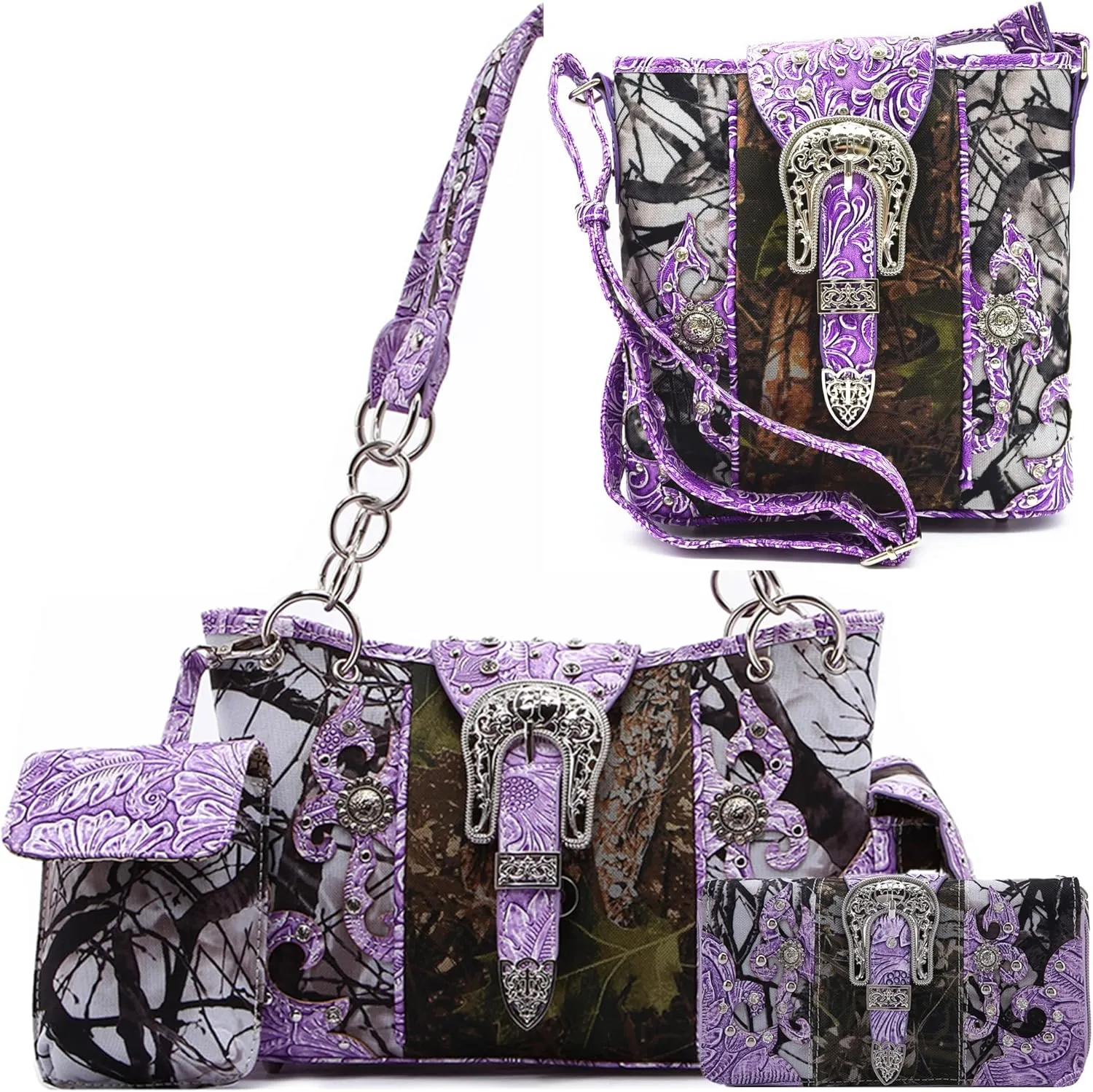 Western Style Camouflage Purse Concho Buckle Tooled Floral Country Studs Crossbody Women Handbag Shoulder Bag Wallet Set