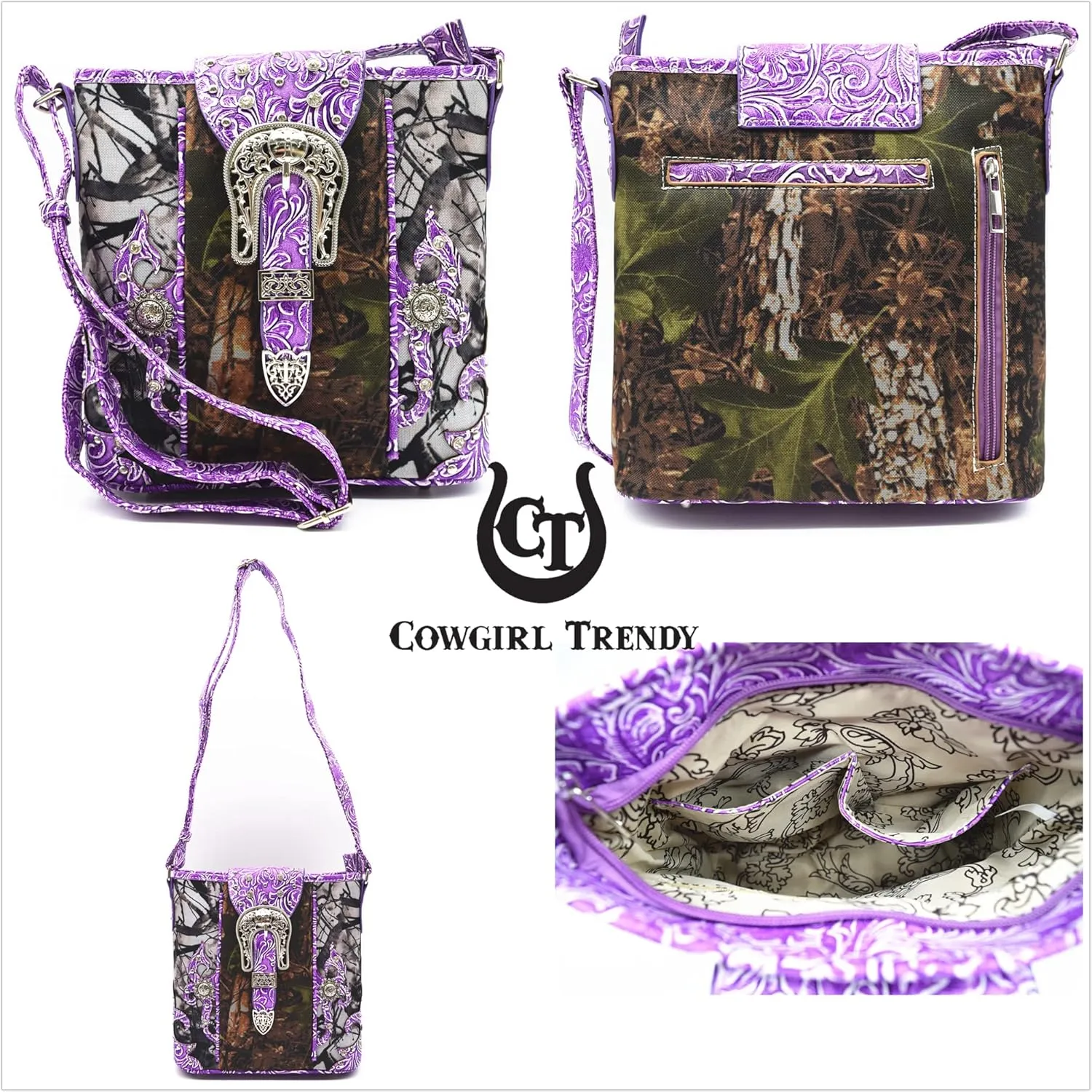 Western Style Camouflage Purse Concho Buckle Tooled Floral Country Studs Crossbody Women Handbag Shoulder Bag Wallet Set