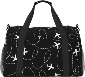 White And Black Airplane Routes Travel Duffle Bag Carry On Duffle Bags For Womens & Mens Travel Overnight Bag Tote Bag Yoga Gym Bag