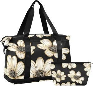 White Daisies in Black Versatile Sports Travel Bag - Lasting Twill Tote, Removable Wheel & Rod Bagging, Multi-pocket Design, Complimentary Makeup Bag