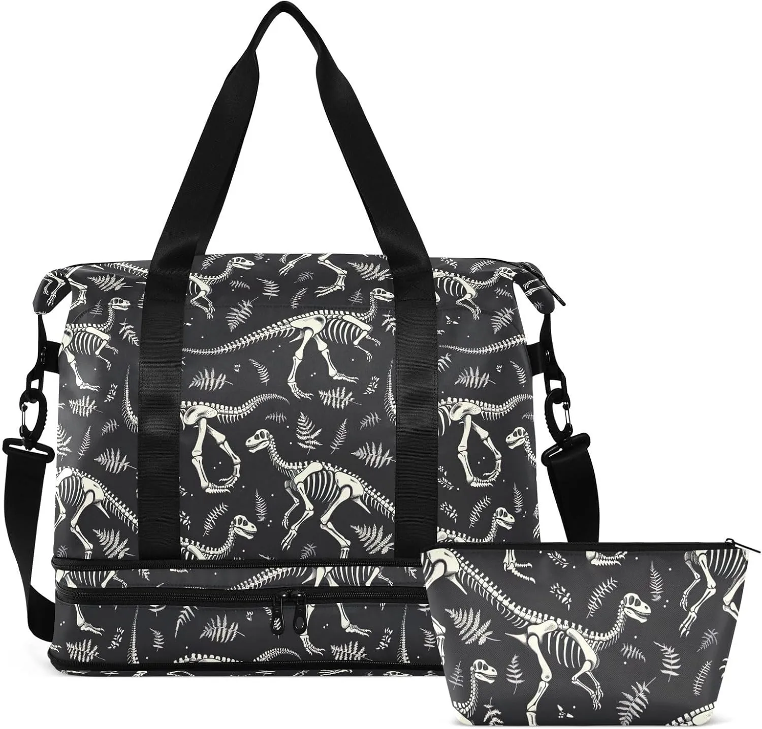 White Dinosaurs Skeleton Gym Bag for Women & Men,Duffel Bag with Shoe Pocket,Weekender Overnight Bag with Trolley Sleeve for Girls Travel 21220108