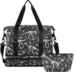 White Dinosaurs Skeleton Gym Bag for Women & Men,Duffel Bag with Shoe Pocket,Weekender Overnight Bag with Trolley Sleeve for Girls Travel 21220108