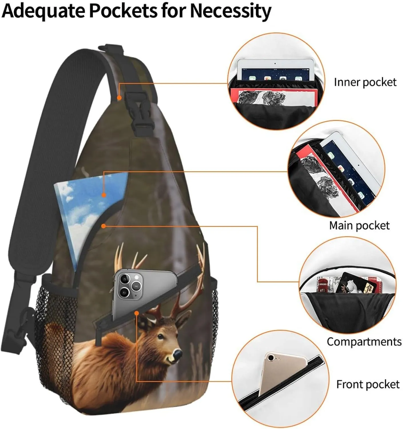 Wildlife Deer Bear Elk High Storage Capacity Chest Bag Diagonally Sling Backpack Crossbody Shoulder Bag For Men Women
