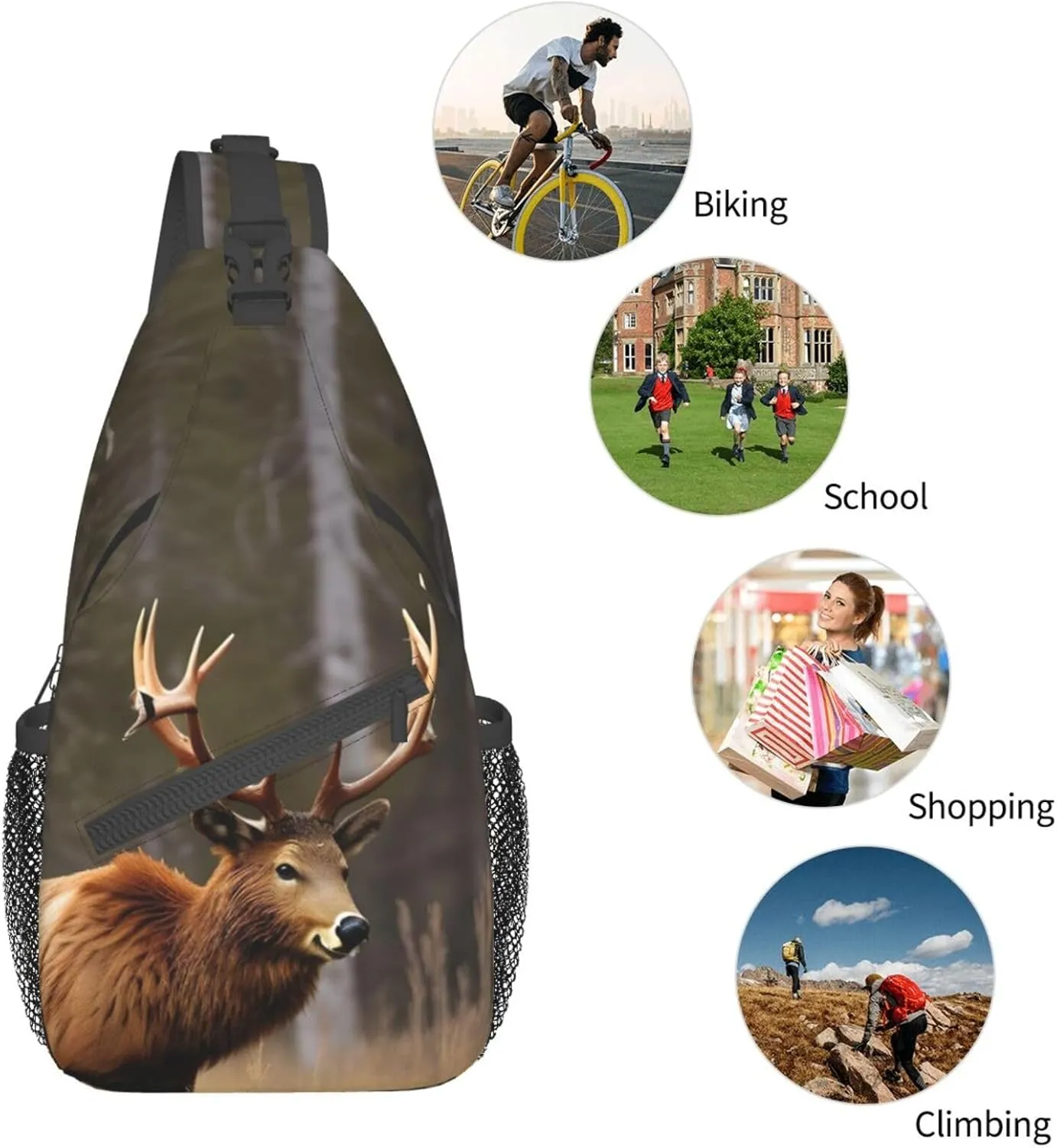Wildlife Deer Bear Elk High Storage Capacity Chest Bag Diagonally Sling Backpack Crossbody Shoulder Bag For Men Women
