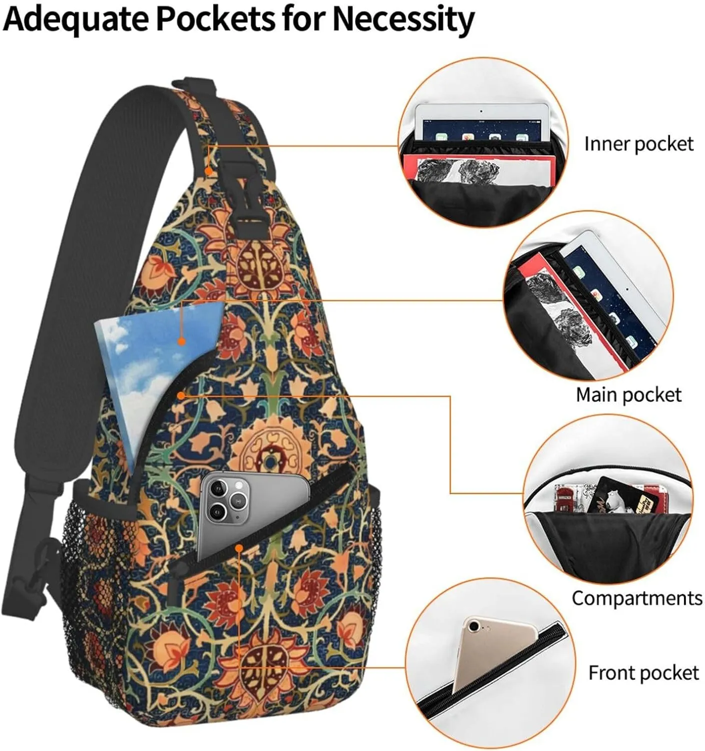 William Morris Floral Chest Sling Bag Crossbody Shoulder Backpack Bag Gym Cycling Travel Hiking Daypack Cross Bag