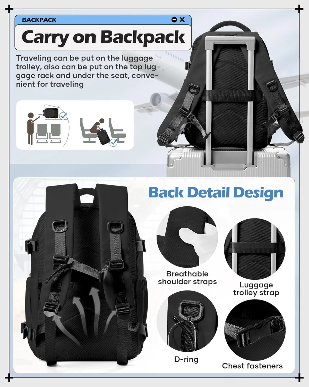 winspansy Carry on Travel Backpack for Women Men Lightweight Business Gym Laptop Work Backpack Airport Frontier Airlines Personal Item Bag Flight Approved Mochilas de Viaje Black