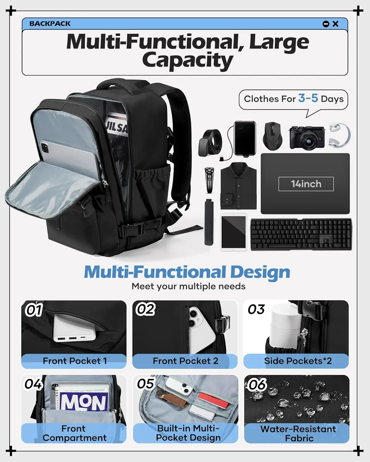 winspansy Carry on Travel Backpack for Women Men Lightweight Business Gym Laptop Work Backpack Airport Frontier Airlines Personal Item Bag Flight Approved Mochilas de Viaje Black