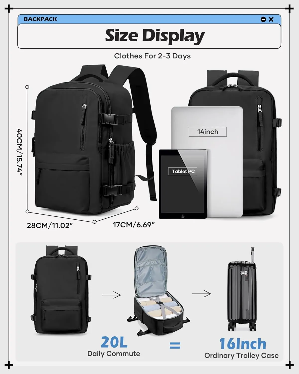 winspansy Carry on Travel Backpack for Women Men Lightweight Business Gym Laptop Work Backpack Airport Frontier Airlines Personal Item Bag Flight Approved Mochilas de Viaje Black