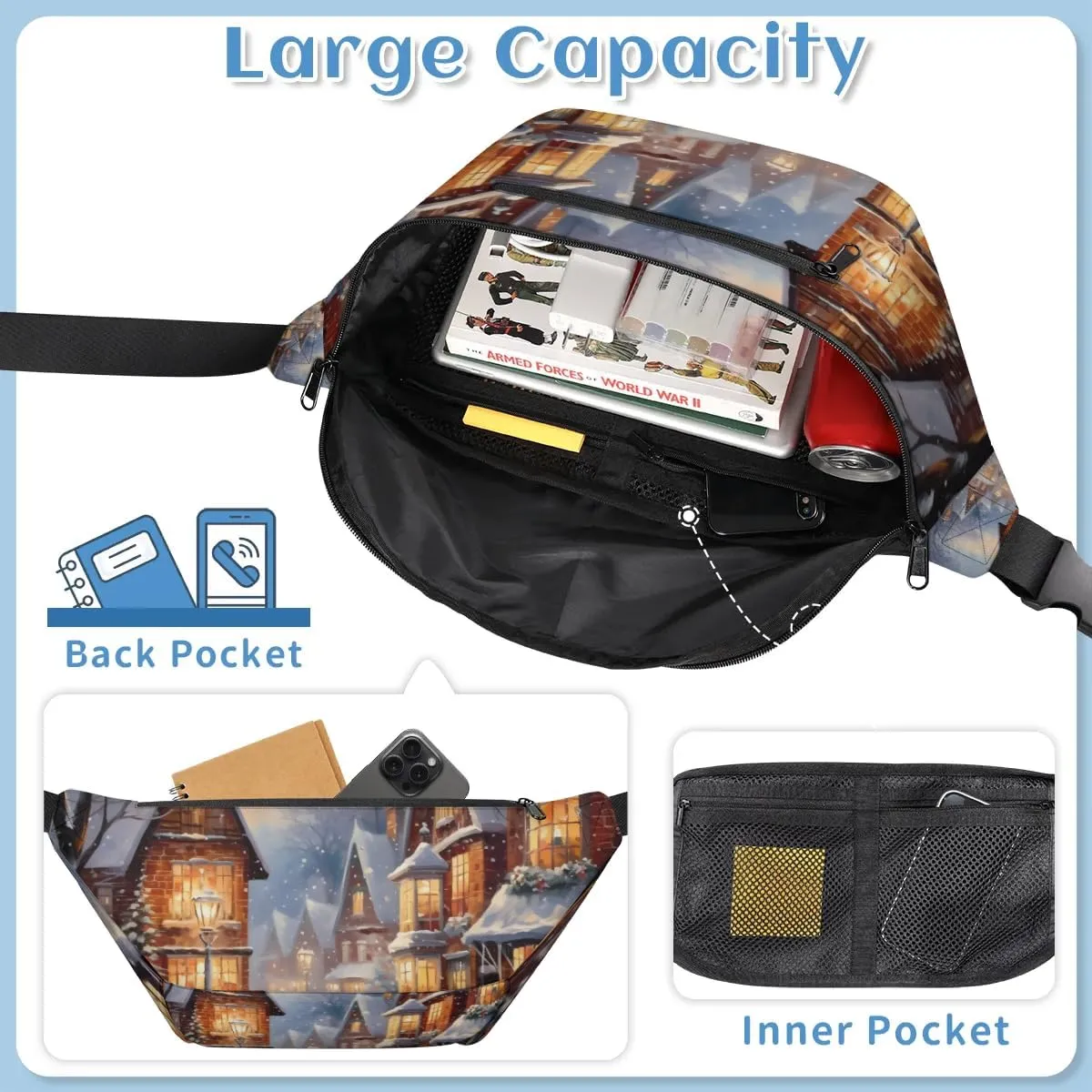 Winter Village Sling Bag Crossbody Backpack Chest Daypack for Women Sport Travel Hiking Casual Bag Multipurpose Waist Pack With Zipper Closure Adjustable Strap Shoulder Bag