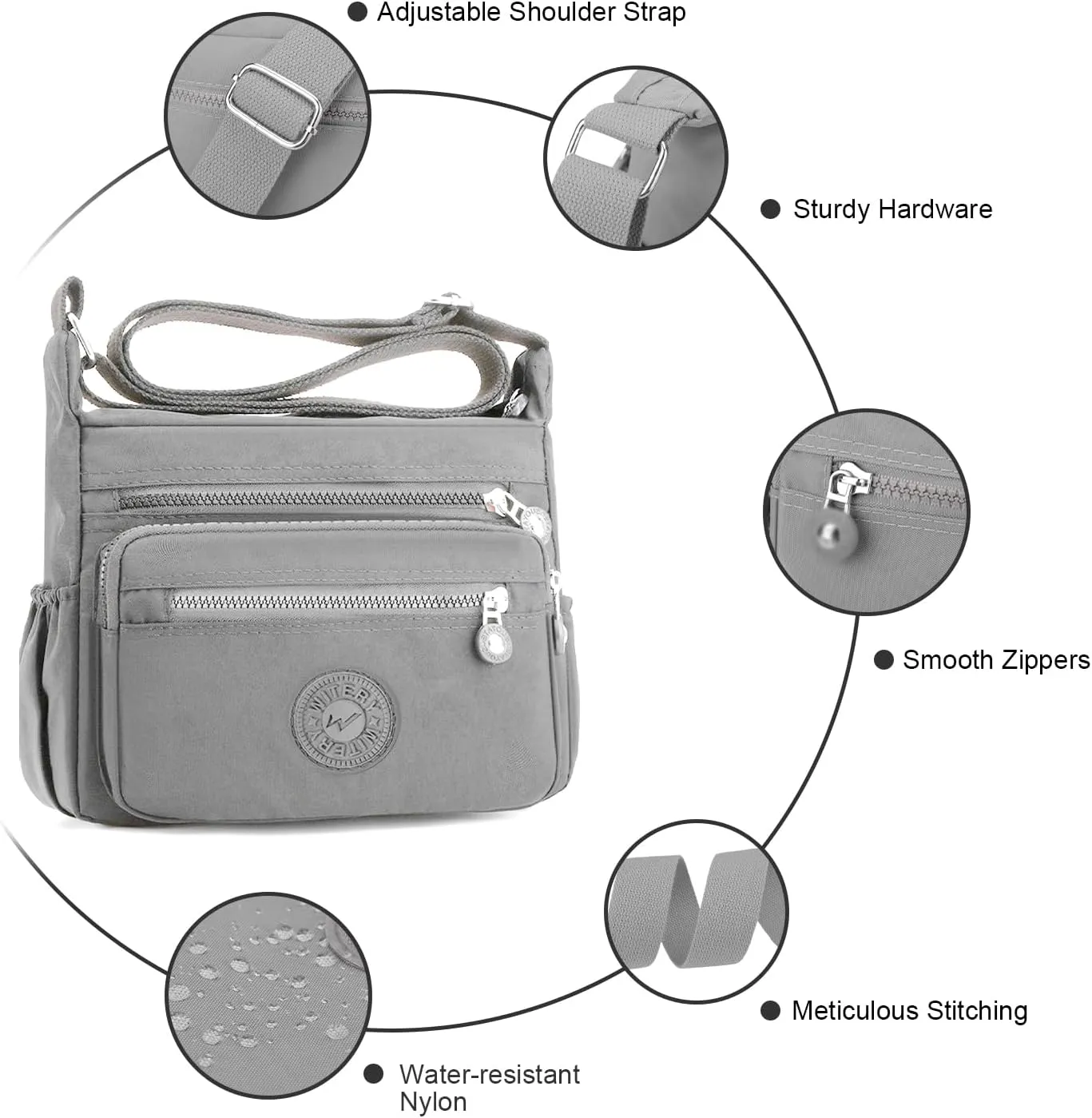 WITERY Nylon Crossboby Bag for Women - Waterproof Zipper Multi-pocket Travel Shoulder Bag Purse, Lightweight Messenger Bag