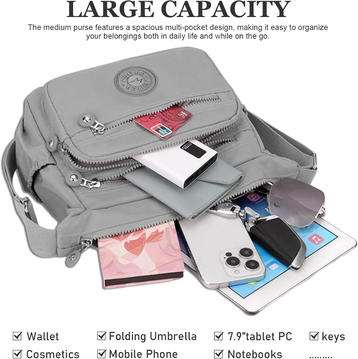 WITERY Nylon Crossboby Bag for Women - Waterproof Zipper Multi-pocket Travel Shoulder Bag Purse, Lightweight Messenger Bag