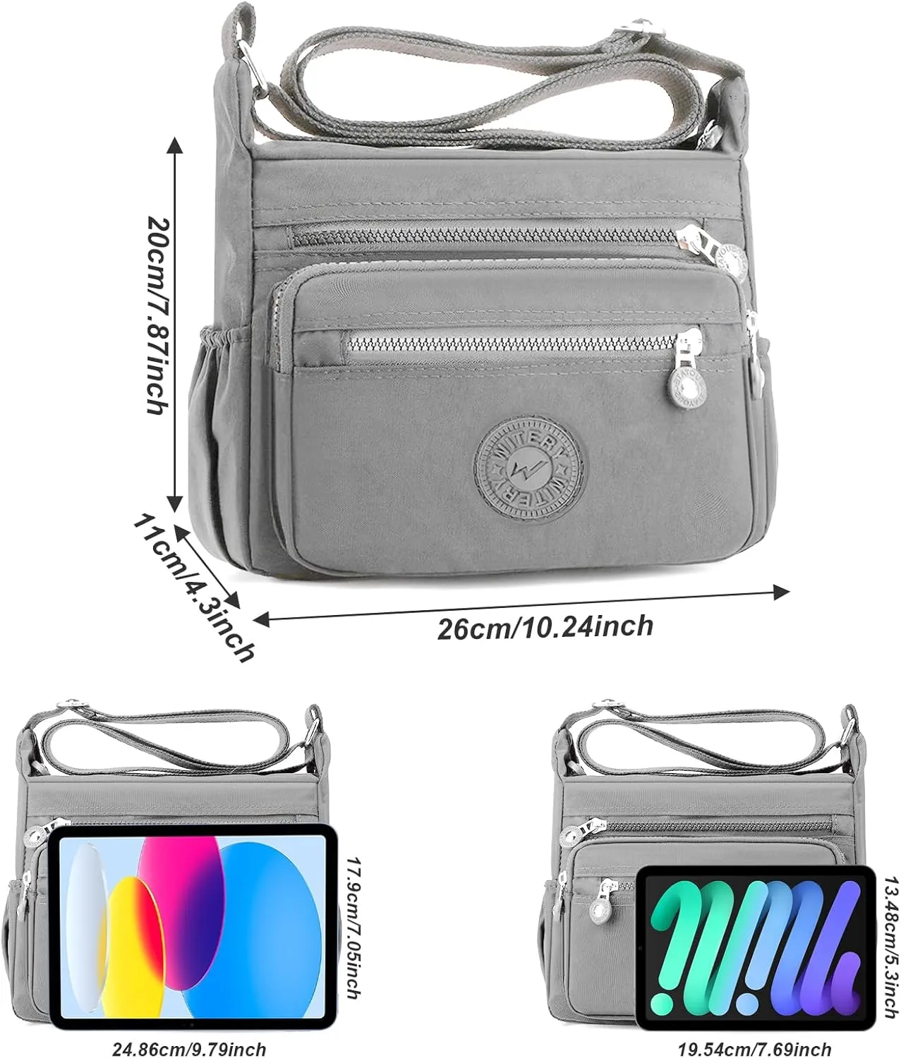 WITERY Nylon Crossboby Bag for Women - Waterproof Zipper Multi-pocket Travel Shoulder Bag Purse, Lightweight Messenger Bag